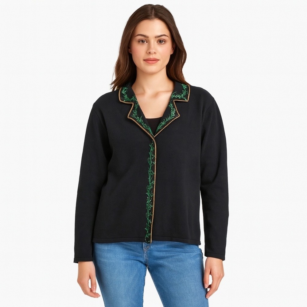 Berek Womens  Black Beaded Embroidered Christmas Tree‎ Holiday  Cardigan  Large